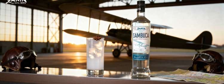 FlyOver Sambuca in a hangar at sunset, with a biplane in the background