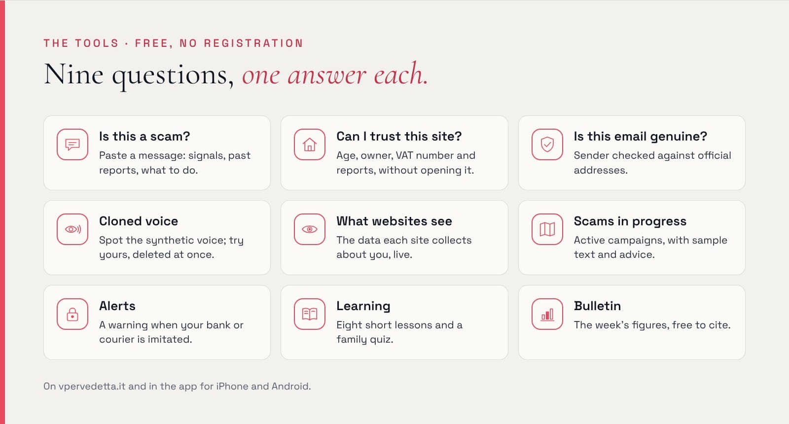 The nine V per Vedetta tools, free and without registration: Is this a scam; Can I trust this site; Is this email genuine; Cloned voice; What websites see; Scams in progress; Alerts; Learning; Bulletin.