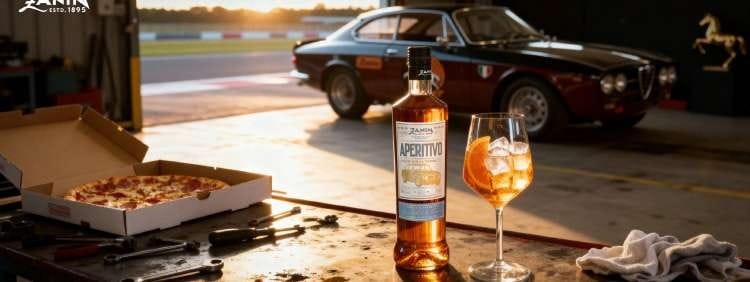 FlyOver Aperitivo in a racing garage with a vintage Alfa Romeo