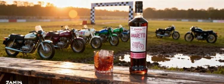 FlyOver Amaretto on a wooden counter in front of vintage motorcycles