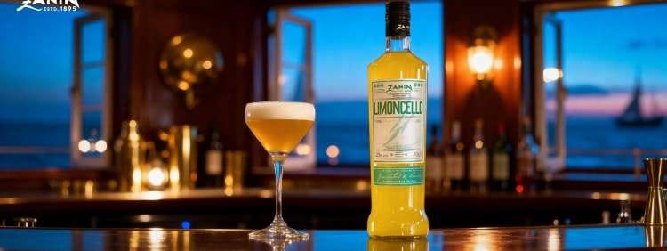FlyOver Limoncello at a yacht bar, with a sail on the sea at sunset