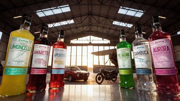 The FlyOver Original Taste bottles by Zanin 1895 in an aircraft hangar
