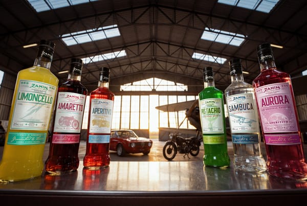 The six FlyOver Original Taste liqueurs by Zanin 1895 lined up in an aircraft hangar, with a biplane, a vintage motorcycle and a classic Alfa Romeo behind