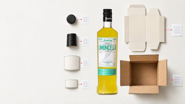A Zanin 1895 Limoncello bottle with its packaging components laid out around it, each linked by a coral line to its own document